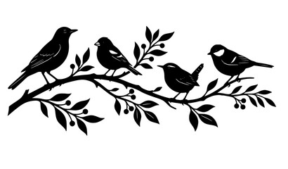 Beautiful Little Birds on Berry Tree Branch Silhouette Vector with Detailed Leaves for Vintage Botanical Wall Art and Rustic Home Decor Designs © Hosneara