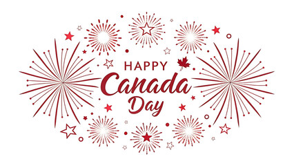 Happy Canada Day greeting with red fireworks and maple leaves on a white background