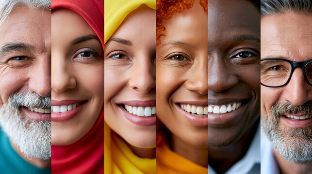 Collage l&auml;chelnder Gesichter verschiedener Ethnien und Generationen nebeneinander