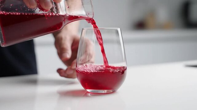 Pouring fresh organic beetroot juice from a glass pitcher into a clear drinking glass for a healthy drink, natural beverage