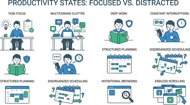 Productivity states focused versus distracted infographic diagram comparing time management habits for corporate business training presentation template and coaching website
