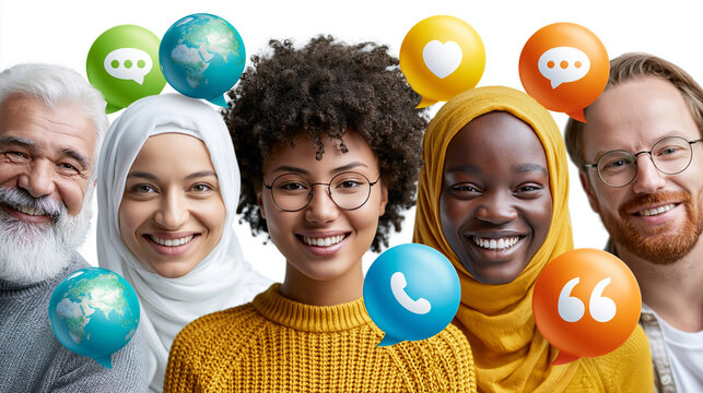 F&uuml;nf multikulturelle Menschen l&auml;cheln mit digitalen Kommunikationssymbolen auf wei&szlig;em Hintergrund