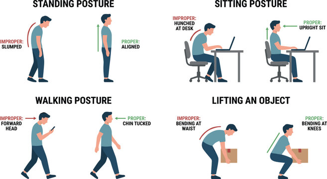 Proper and improper posture correction infographic vector illustration showing standing sitting walking and lifting positions for ergonomics and workplace safety marketing