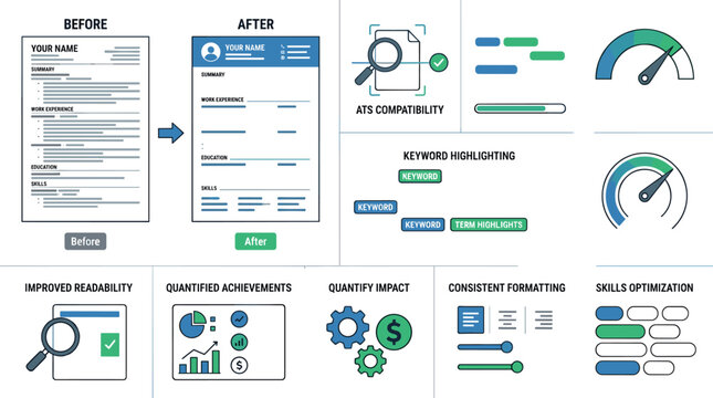 Resume optimization infographic template featuring before and after CV makeover layouts ATS compatibility scanning and professional career consulting marketing dashboard elements