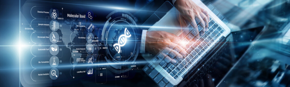 Scientist using a laptop to analyze complex biotechnology gene sequences. This development facilitates the creation of innovative medical treatments, driving breakthroughs in life science research.