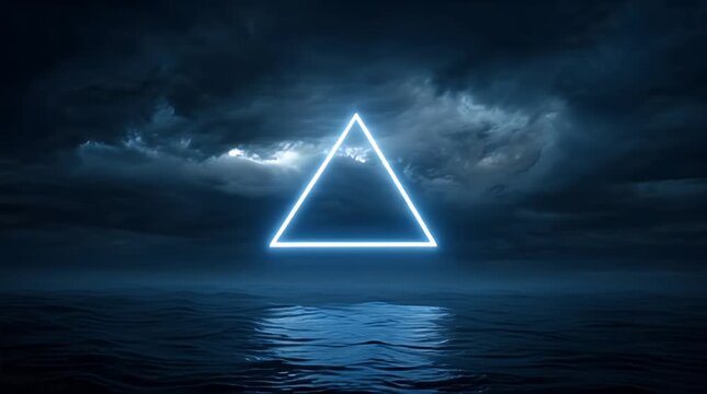 Neon Triangle Light Installation Over Water at Night