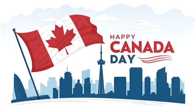 Happy Canada Day celebration background with Canadian flags and Toronto city skyline silhouette, vector illustration