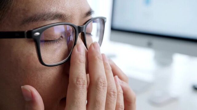 Asian man wearing glasses massages his temples, feeling eye strain, stress, or a headache from working on a computer