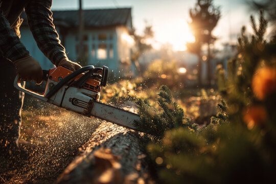 Cutting tree branch with chainsaw in backyard garden during sunset with warm light and tree shadows Generative AI
