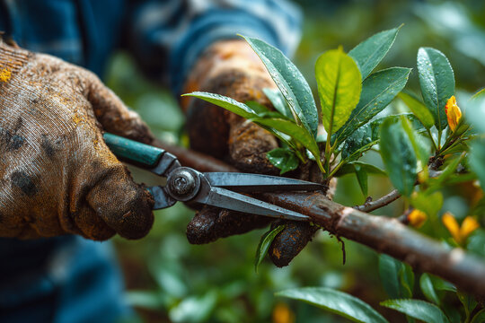 Gardener works in a garden cutting tree branches with pruning tools during a warm afternoon in the spring season Generative AI
