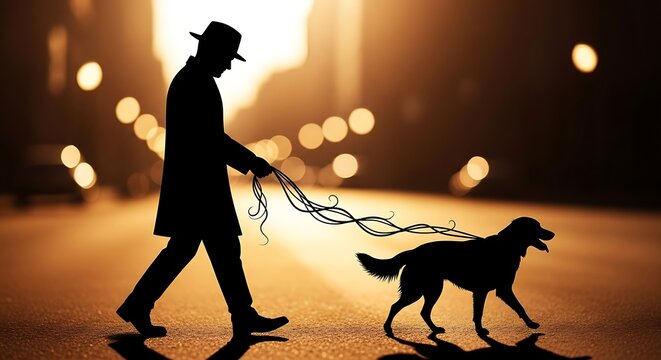 Woman walking dog in warm autumn evening.