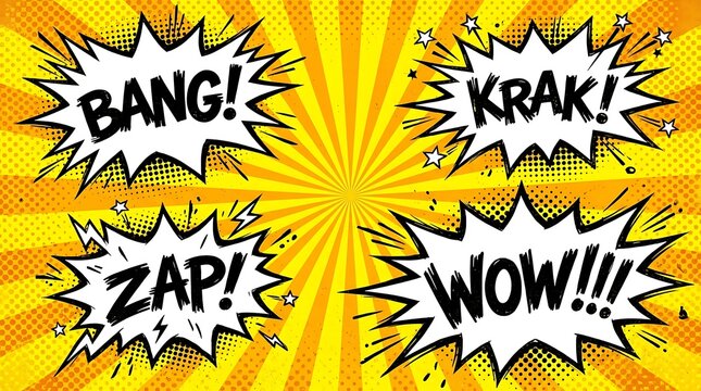 Colorful comic speech bubbles with action sound effects.