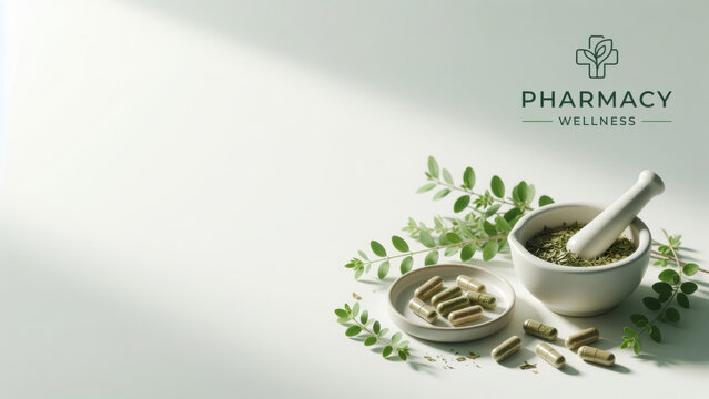 Pharmacy wellness herbal supplement capsule leaf mortar natural remedy background care concept