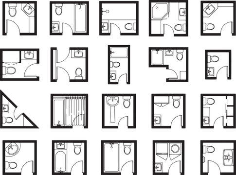 A grid of blueprint illustrations depicts various small bathroom layouts with different fixtures and door placements, showcasing efficient space utilization and design options.