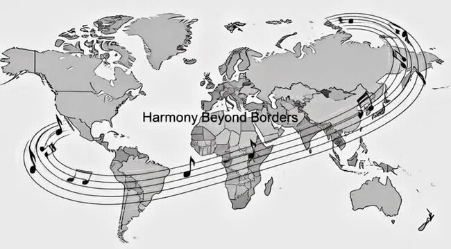 A Visual Representation of Worldwide Musical Connection and Unity, Depicting Global Harmony and Peaceful Interdependence Across All Continents