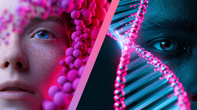 Zweigeteiltes Portr&auml;t zeigt junge Frau mit pinken Molek&uuml;len und Auge neben DNA-Doppelhelix