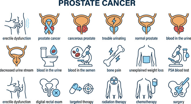 Prostate Cancer Symptoms Diagnosis Awareness and Treatment Icon Set for Medical Infographics Healthcare Applications and Patient Education Vectors