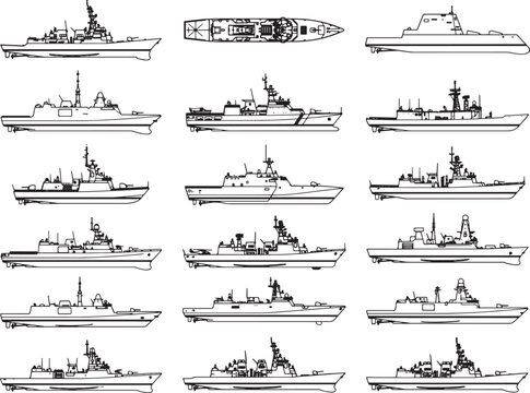 A collection of detailed line drawings showcasing various modern naval warships, from destroyers to frigates, presented from multiple angles, including a top-down view.