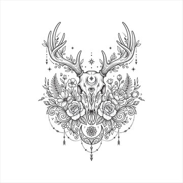 Boho deer skull with antlers, wildflowers, crescent moon, celestial symbols and ornamental foliage, monochrome blackwork tattoo style, detailed vector illustration isolated