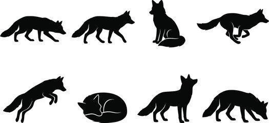 Fototapeta premium Fox Silhouette Collection with Running Jumping Sitting Sleeping and Hunting Wildlife Poses