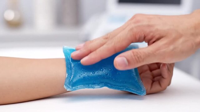 Applying a blue cold gel pack to an injured wrist, providing pain relief and reducing swelling during treatment