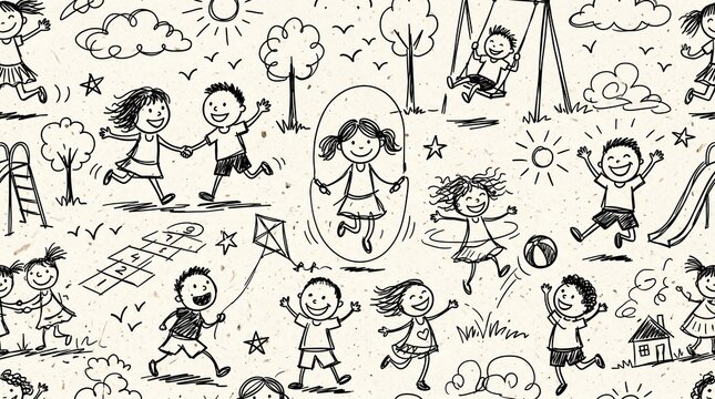 Seamless pattern of happy children playing outdoors in a playful hand drawn doodle style featuring kids jumping rope and running on a textured paper background