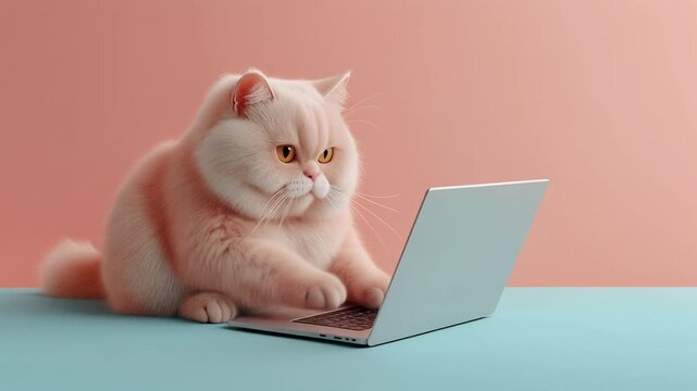 Adorable Fluffy Cat Working on Laptop 4K Generative AI