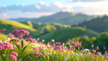 Fototapeta premium Vibrant Meadow of Pink Wildflowers with Rolling Green Hills Under a Cloudy Sky.