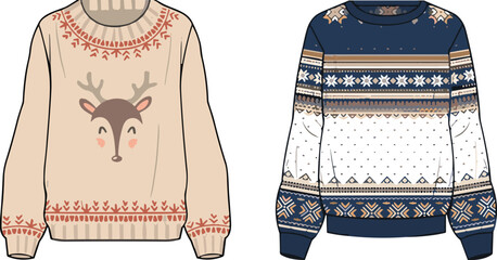 Christmas ugly sweaters vector illustration set with cute reindeer character and nordic folk patterns isolated on white background © Mucha