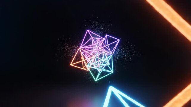 3D render of glowing neon geometric shapes including wireframe pyramids, solid spheres, and a textured torus floating in dark space with volumetric lighting and particles.