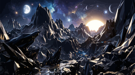 Futuristic volcanic terrain with a celestial background © VectorAura