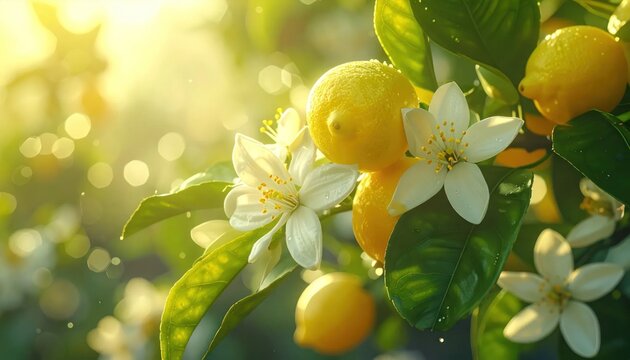 Sunlit Lemon Tree Branch with Ripe Lemons and Blossoms.