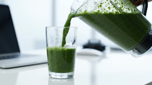 Pouring a healthy green smoothie into a glass, refreshing drink for a healthy lifestyle and proper nutrition