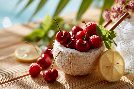Frische Kirschen, Himbeeren und Zitronenscheiben auf Holztablett mit Kr&auml;utern und Glas