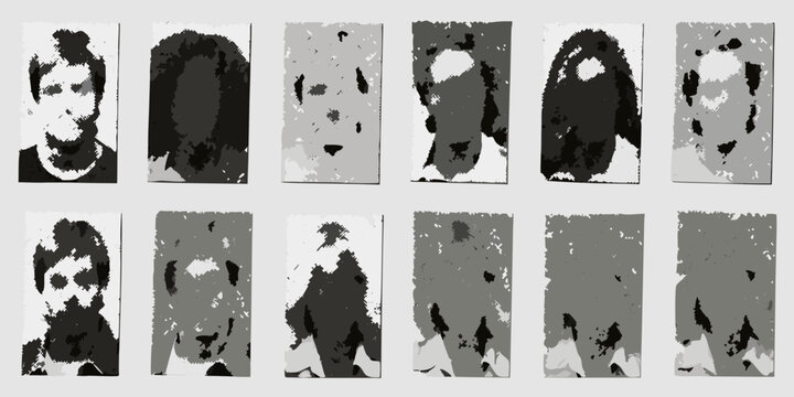 Dithered halftone portraits with blank faces grayscale graphic collection