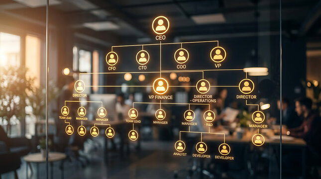 Modern Corporate Organizational Chart on Glass Office Wall