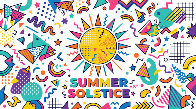 Vibrant summer solstice celebration with geometric shapes and symbols outdoors
