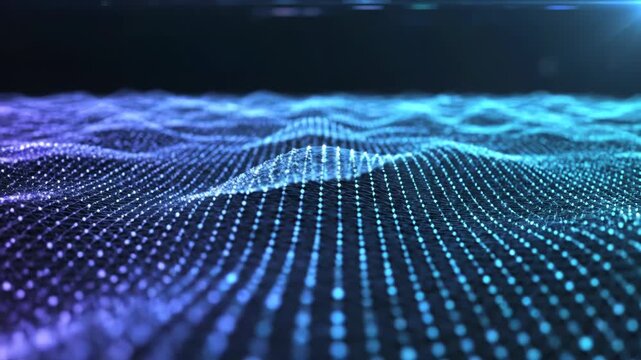 Abstract digital mesh wave with blue and purple glowing particles and wireframe connections on a dark background featuring shallow depth of field and subtle lens flare highlights.