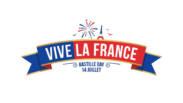 Vive La France Bastille Day Celebration Banner with French Flag Colors and Fireworks Illustration