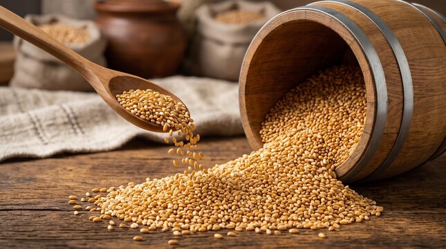 Wooden spoon scooping golden wheat grains from an overturned rustic barrel on a textured wooden tabletop for agricultural harvest