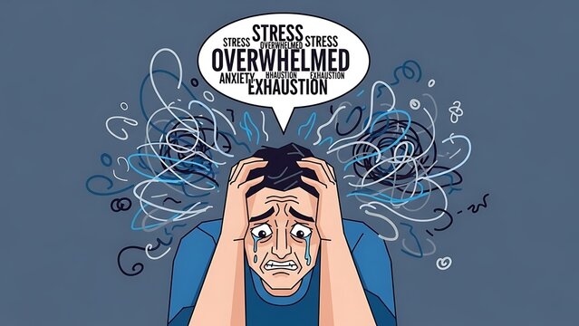 Woman overwhelmed by stress and exhaustion concept.