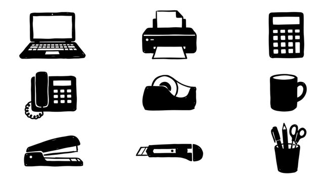 Office Supplies Icons - Laptop, Printer, Calculator, Phone