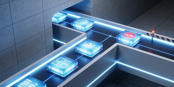 Compliance Routing Concept With Glowing Data Tiles, Restricted Item Redirected Into Controlled Lane, Policy Based Data Movement Technology Background