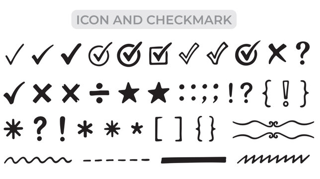 Set of hand drawn checkmarks x marks punctuation and decorative elements checkmarks punctuation handwritten checkbox bullet points ornament question mark exclamation brackets