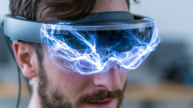 Junger b&auml;rtiger Mann tr&auml;gt VR-Brille mit blauen Lichtblitzen vor grauem Hintergrund
