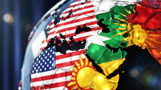 A globe with vibrant country flags and a blurred dark background