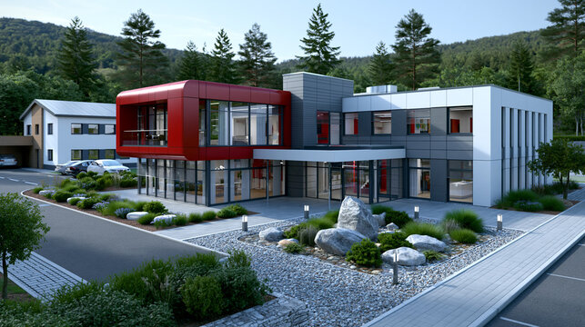 Modernes Einfamilienhaus mit roter Fassade und wei&szlig;em Anbau in gepflegter Gartenanlage