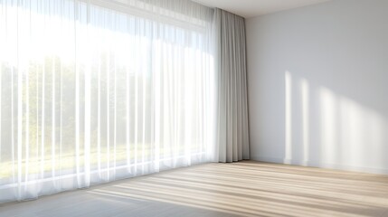 Fototapeta premium openness. A bright empty room with a large window and sheer curtains billowing in a breeze. lifestyle magazines, social media lookbooks, designed for influencer and brand collaborations.