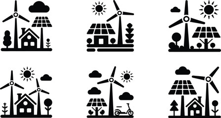 Green eco house solar energy wind turbine power icon set © Naimur creativehouse
