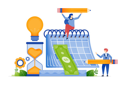 Calendar and hourglass to mark debt repayment dates, installments, and loans, flat illustration vector design with light bulb resolving bad debts